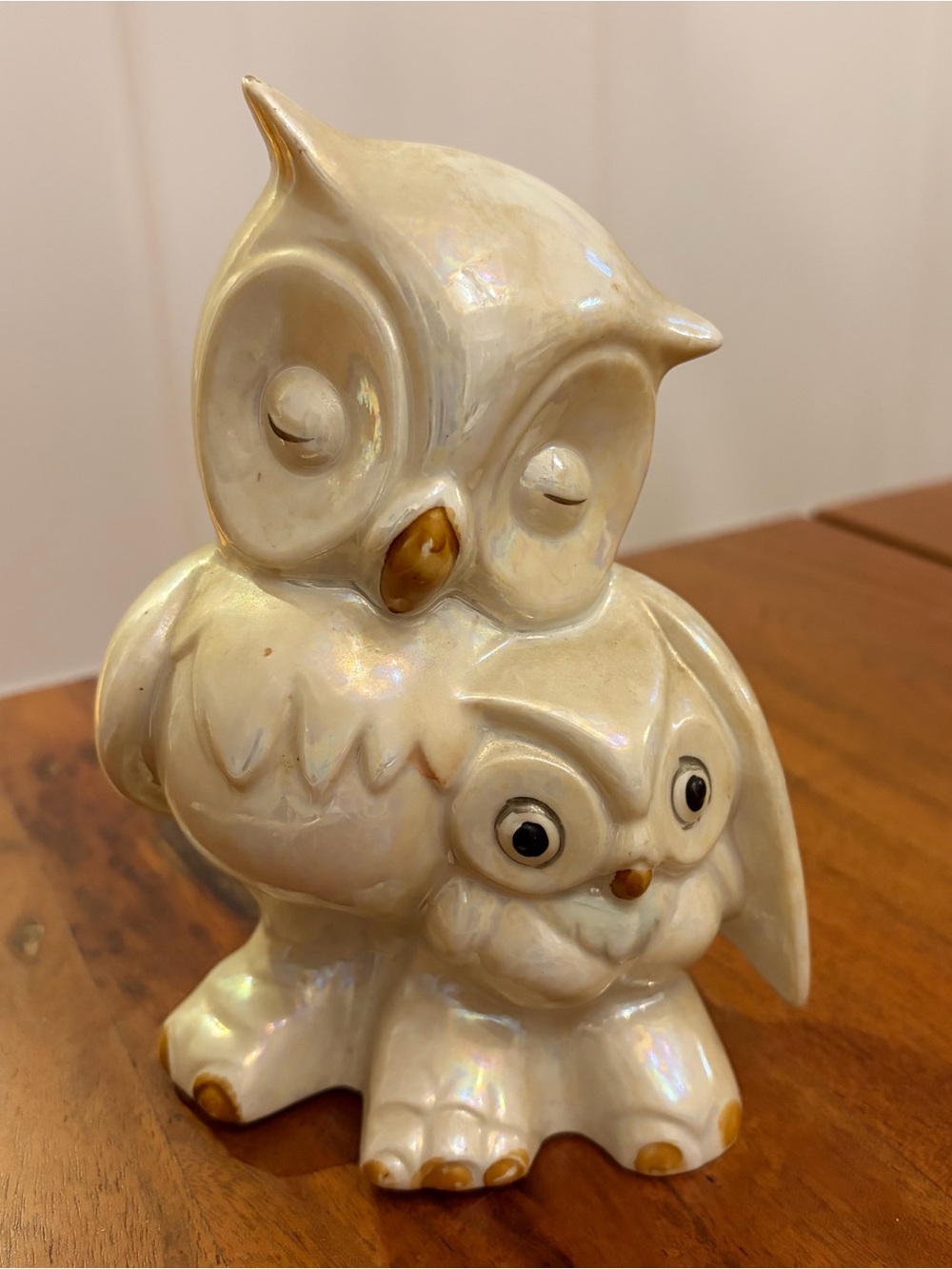 Vintage Iridescent Ceramic Mother & Baby Owl Figurine 6" Pearlescent Lusterware